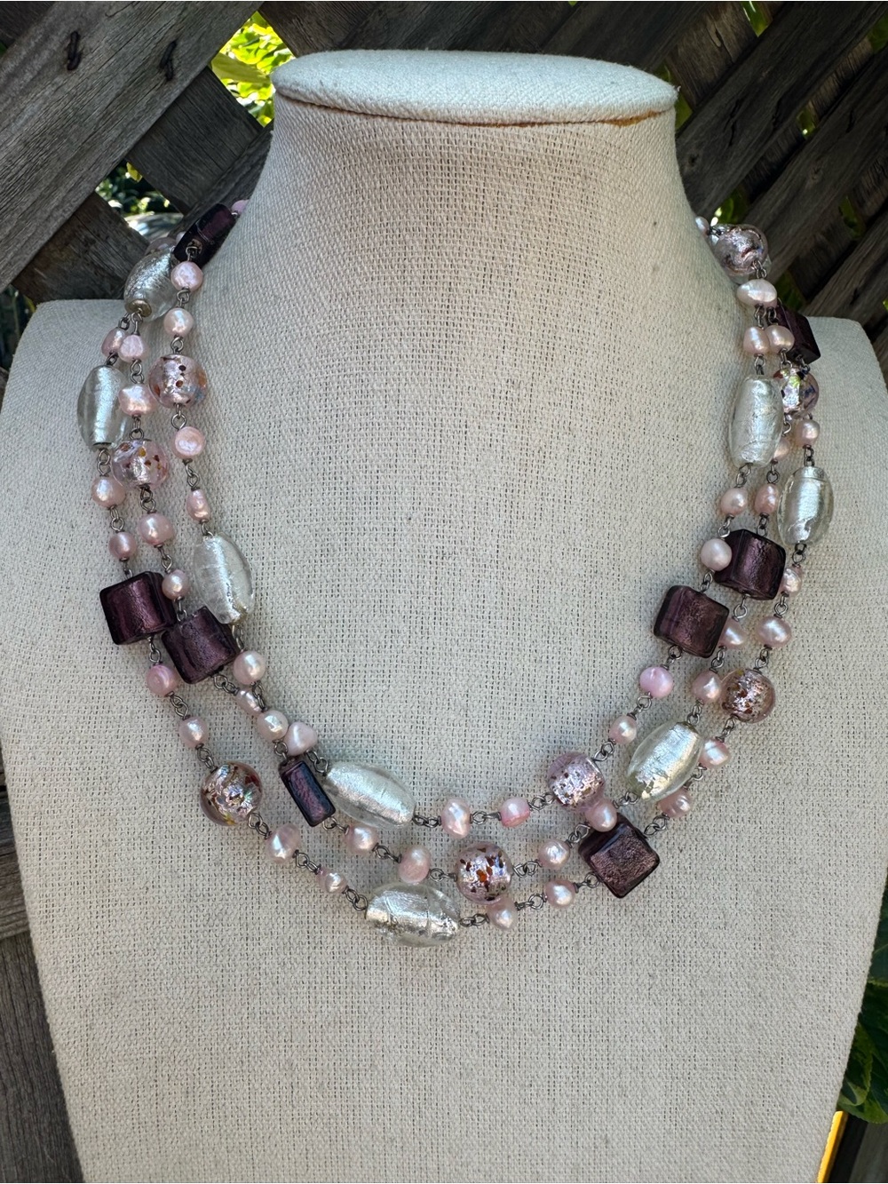Multi-Strand Pink Freshwater Pearl and Purple Glass Beaded Necklace